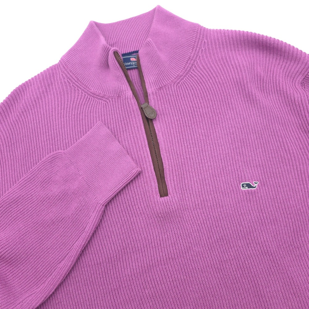 Vineyard Vines Mens Large Purple Ribbed Quarter Zip Pullover Whale Logo Sweater
